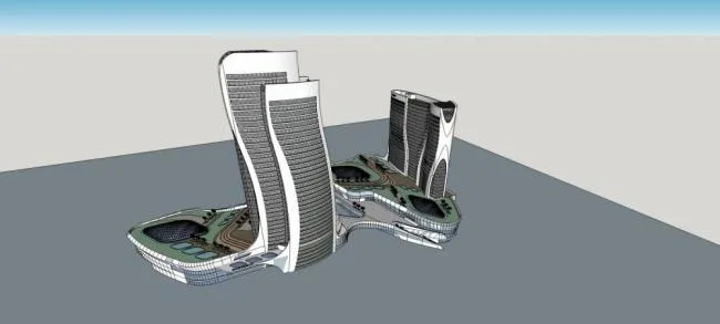 Sketchup办公模型|高层酒店办公楼，底层商业，现代风格