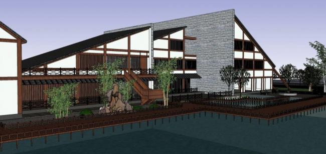 Sketchup商业模型|多层湖边会所，商业建筑，新中式风格