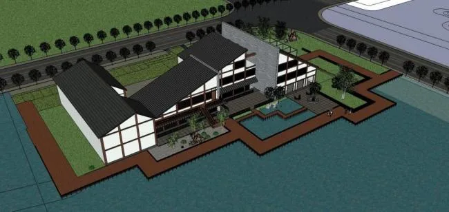 Sketchup商业模型|多层湖边会所，商业建筑，新中式风格