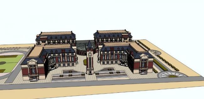 Sketchup学校模型|多层中小学学校，教学楼，教育建筑，古典风格