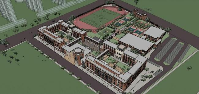 Sketchup学校模型|多层中小学学校，教学楼，教育建筑，新中式风格