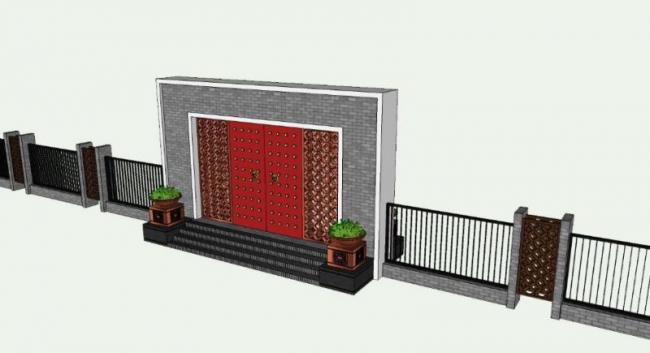 Sketchup素材模型|中式景墙大门，围墙，景观素材组件