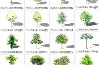 Sketchup素材模型|2D水彩风格植物树，景观素材组件-BIM建筑网