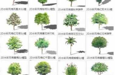 Sketchup素材模型|2D植物树，水彩风格树，大树，景观素材组件-BIM建筑网
