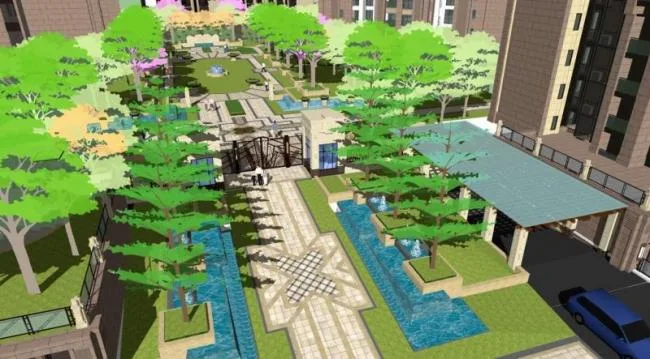Sketchup景观模型|住宅小区中轴景观，现代风格