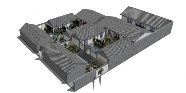 Sketchup住宅模型|多层住宅四合院，中式风格，庭院，居住建筑