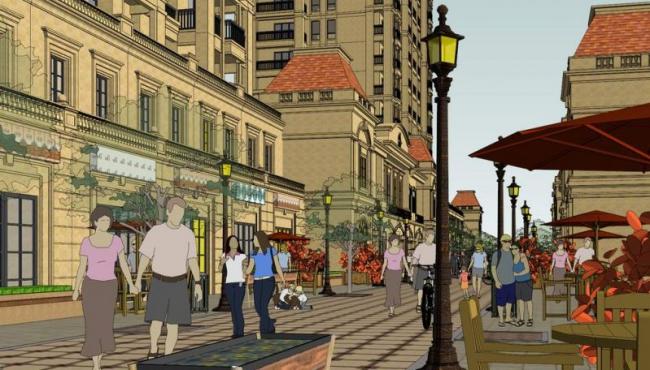 Sketchup住宅模型|简欧式商业街，法式高层住宅，底层商业，古典风格，居住建筑