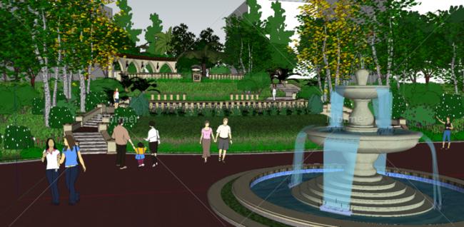 Sketchup景观模型|龙湖景观园林，庭院中心景观，古典风格