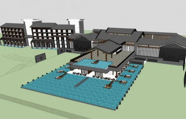 Sketchup酒店模型|多层温泉酒店，新中式风格