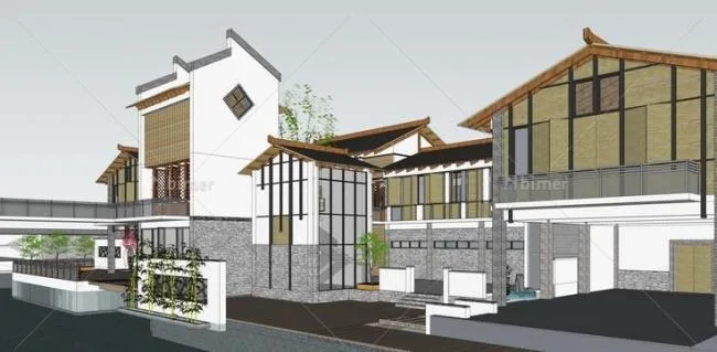 Sketchup商业模型|多层商业会所，新中式风格，景观，水景