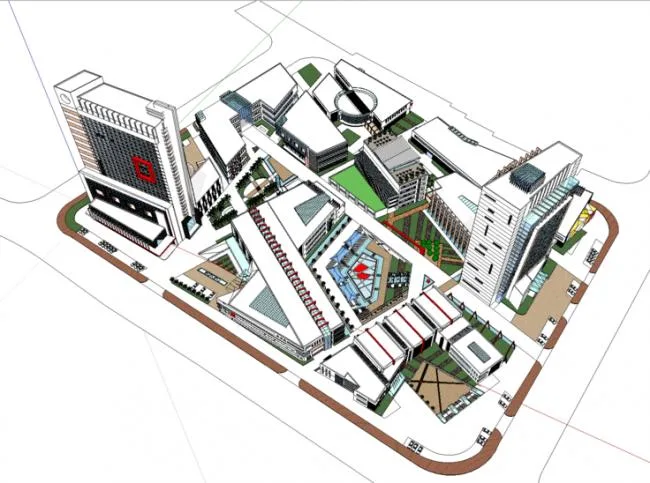 Sketchup综合体模型|多层高层混合城市综合体，商业步行街，购物中心，酒店，现代风格