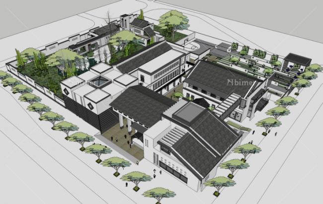 Sketchup酒店模型|多层度假酒店，徽派，新中式风格