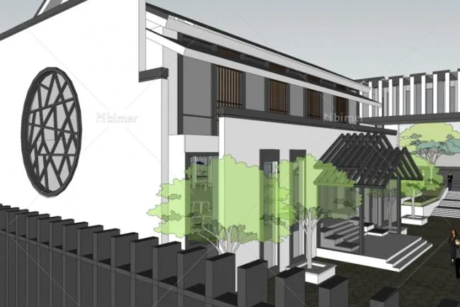Sketchup酒店模型|多层度假酒店，徽派，新中式风格
