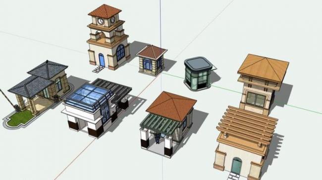 Sketchup小品模型|保安亭门卫保安室岗亭模型素材组件，小品