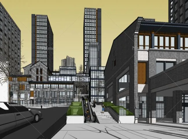 Sketchup综合体模型|多高层混合城市综合体，公寓，山地台地，商业写字楼，中式风格