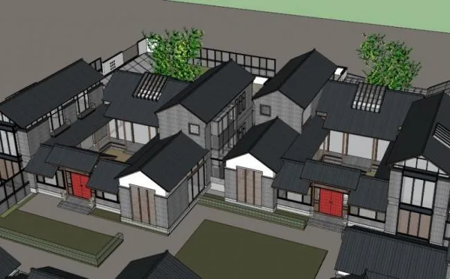 Sketchup住宅模型|多层徽派四合院，现代中式风格