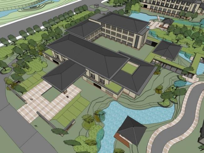 Sketchup酒店模型|度假村，多层酒店，现代中式风格