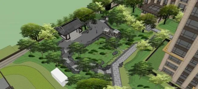 Sketchup景观模型|小区景观，住宅景观，新中式风格