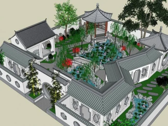 Sketchup景观模型|中式园林，中式江南园林，园林景观，中式风格