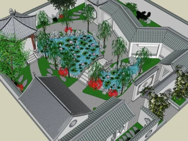 Sketchup景观模型|中式园林，中式江南园林，园林景观，中式风格