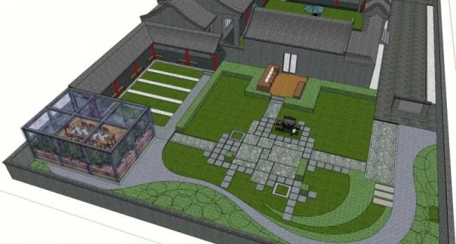 Sketchup住宅模型|多层四合院，带内院，居住建筑，中式风格