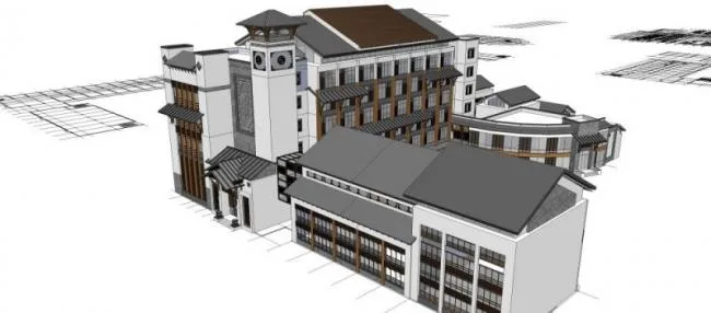 Sketchup办公模型|多层办公楼群，中式风格