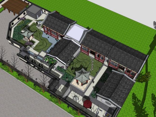 Sketchup古建筑模型|多层古建，中式风格，庭院