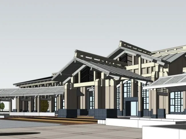 Sketchup酒店模型|温泉酒店，现代中式风格
