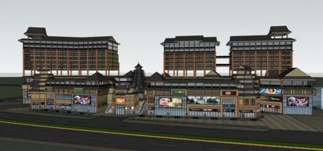 Sketchup商业模型|多层商业建筑，现代中式风格