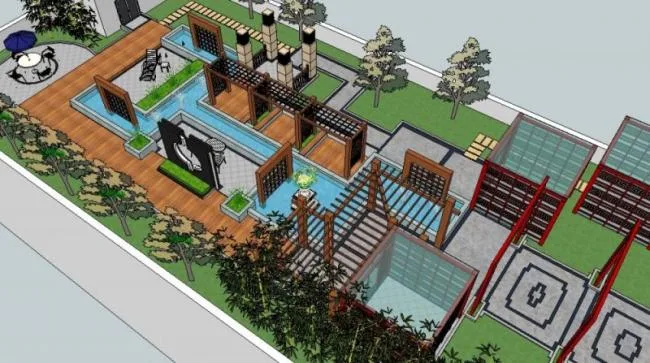 Sketchup景观模型|屋顶花园景观，新中式风格