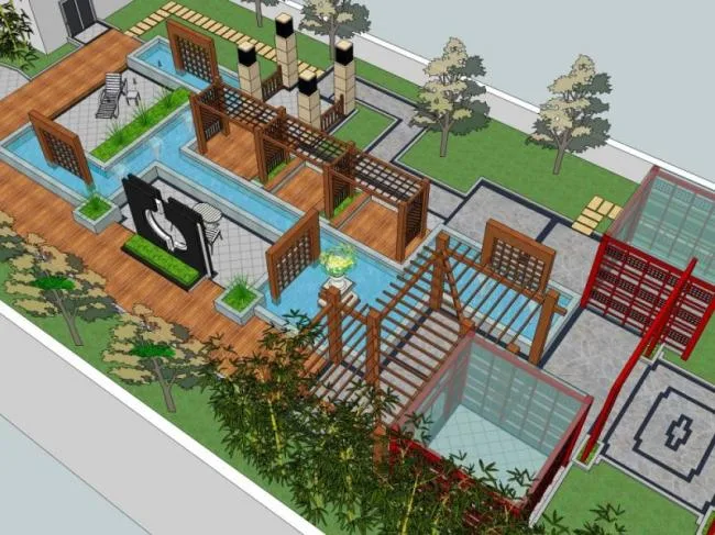 Sketchup景观模型|屋顶花园景观，新中式风格