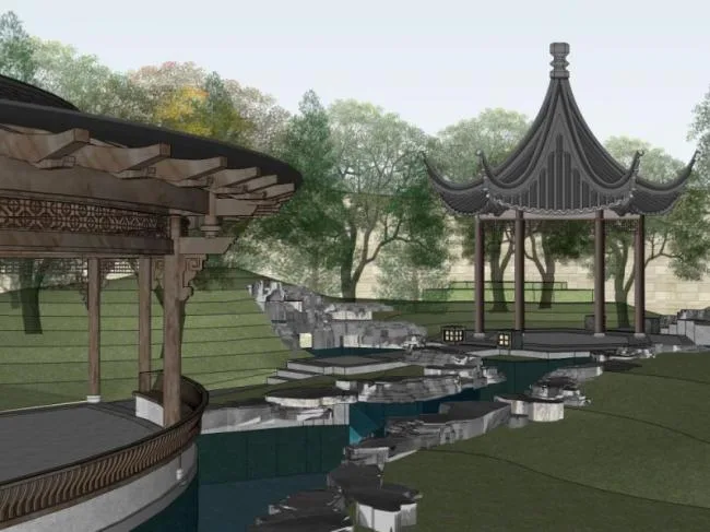 Sketchup景观模型|庭院花园景观，中式风格