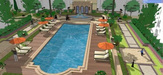 Sketchup景观模型|泳池景观，古典风格