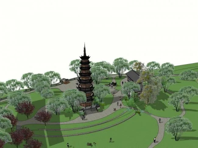 Sketchup景观模型|塔楼广场景观，中式风格