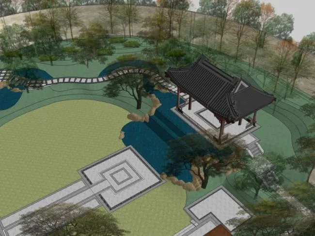 Sketchup景观模型|庭院景观，中式风格
