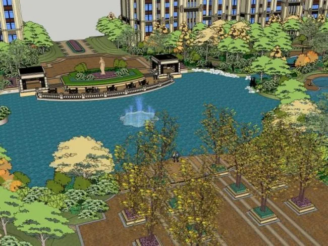 Sketchup景观模型|小区景观，住宅景观，古典风格