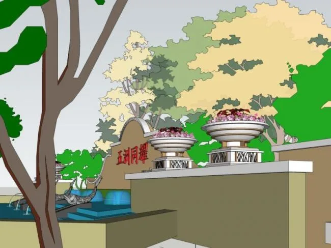 Sketchup景观模型|小区入口，西班牙风格，古典风格