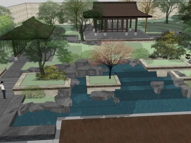 Sketchup景观模型|庭院景观，中式风格