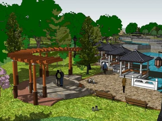 Sketchup景观模型|公园景观，现代中式风格