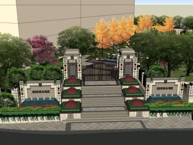 Sketchup景观模型|小区景观，住宅景观，古典风格