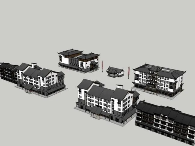 Sketchup商业模型|多层古镇，现代中式风格