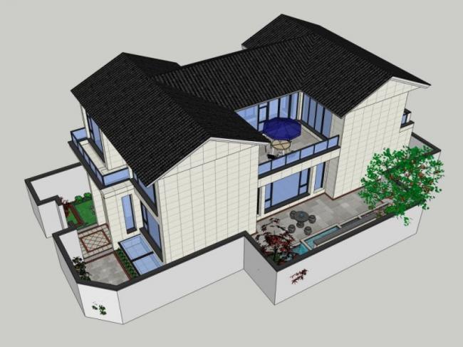 Sketchup景观模型|别墅景观，庭院景观，中式风格