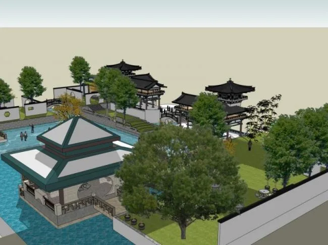 Sketchup景观模型|嬉水公园景观，滨水景观，中式风格