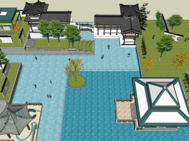Sketchup景观模型|嬉水公园景观，滨水景观，中式风格