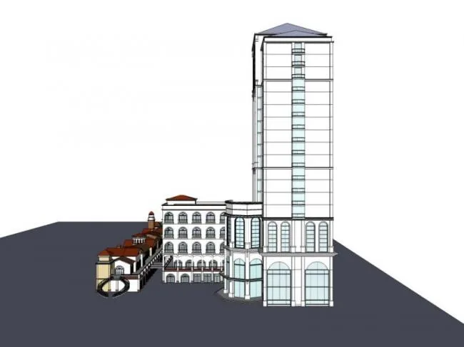 Sketchup酒店模型|高层酒店及商业街，西班牙风格