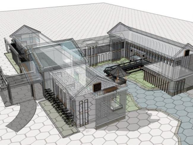 Sketchup酒店模型|低层宾馆建筑，现代中式风格