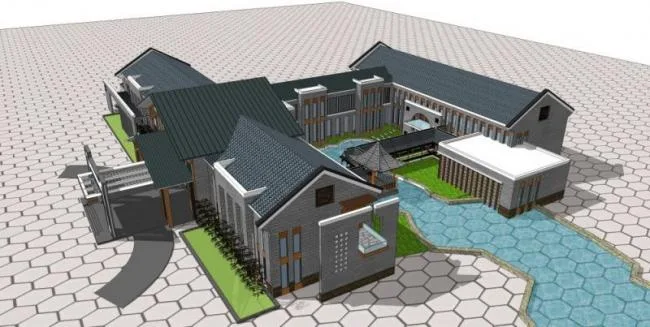 Sketchup酒店模型|低层宾馆建筑，现代中式风格