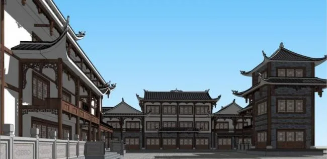 Sketchup古建筑模型|多层剧院建筑，中式风格，古建