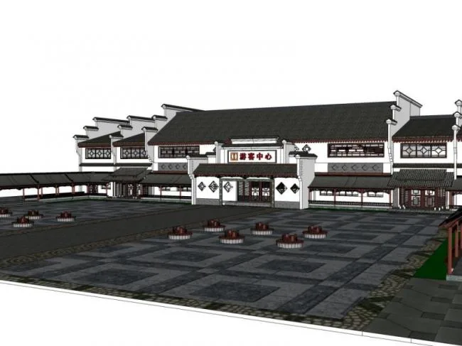 Sketchup商业模型|低层游客中心，现代中式风格