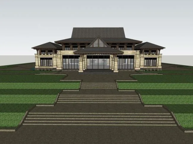 Sketchup酒店模型|温泉酒店，现代中式风格